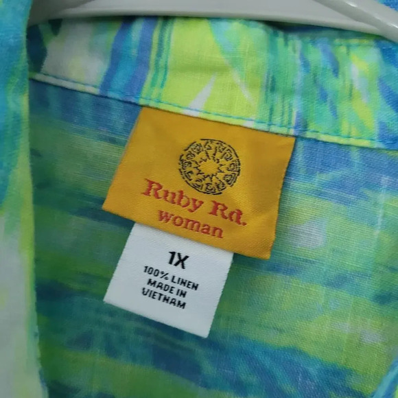Ruby Rd. Women's Button-Up Shirt Size 1X Multicolor 100% Linen Roll Tab Sleeves - Picture 2 of 9